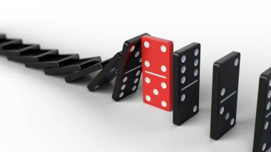 Leadership and teamwork concept - Red domino stops falling other dominoes