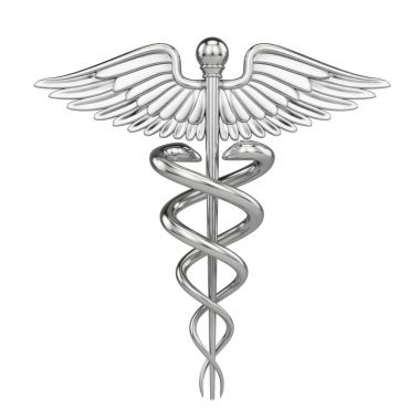 Gümüş metal Caduceus - tıbbi sembolü ile üzerine beyaz izole.