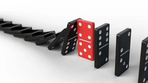 Leadership and teamwork concept - Red domino stops falling other dominoes — Stock Photo, Image