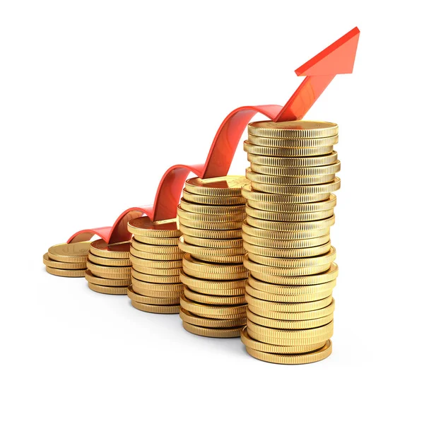 Crecimiento Ganancias y concepto de éxito financiero - monedas de oro y flecha roja Imagen De Stock