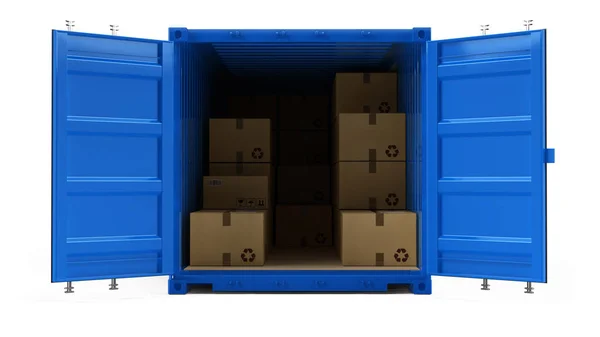 Recipiente de transporte de carga azul aberto com caixas de papelão isoladas em branco. ilustração 3d — Fotografia de Stock