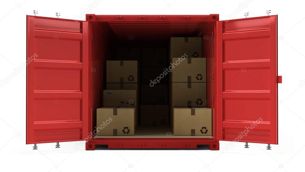 Open red cargo freight shipping container with cardboard boxes isolated on white. 3d illustration