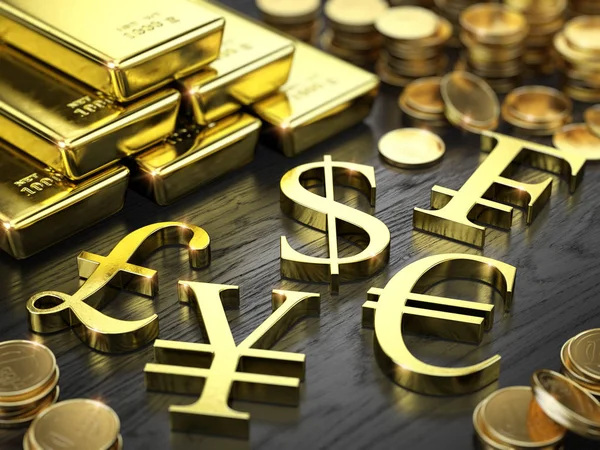 Фінанси, концепція фондової біржі - золоті батончики, монети та золоті валютні знаки. 3d ілюстрація — стокове фото