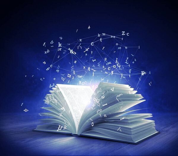 Open Magic Book with magic light and flying letters. 3d rendering