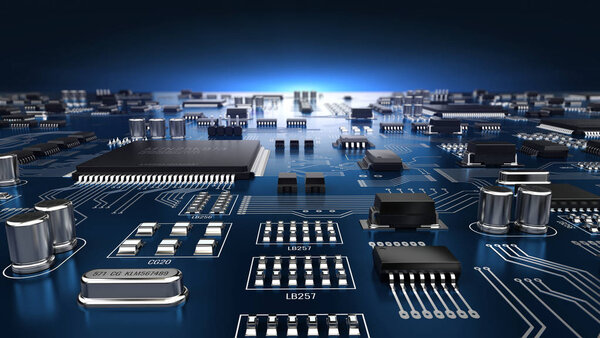 High tech electronic PCB (Printed circuit board) with processor and microchips. 3d illustration