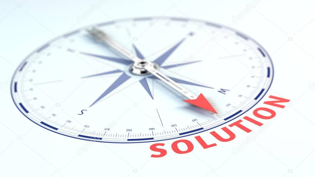 Business solution concept - Compass needle pointing solution word. 3d rendering