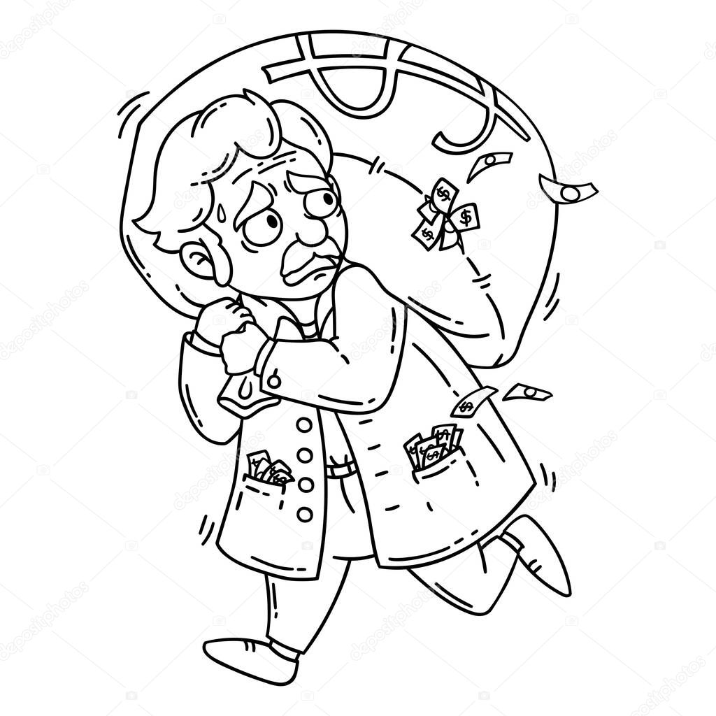 Thief with bag of money. Isolated objects on white background. Cartoon vector illustration. Coloring pages.