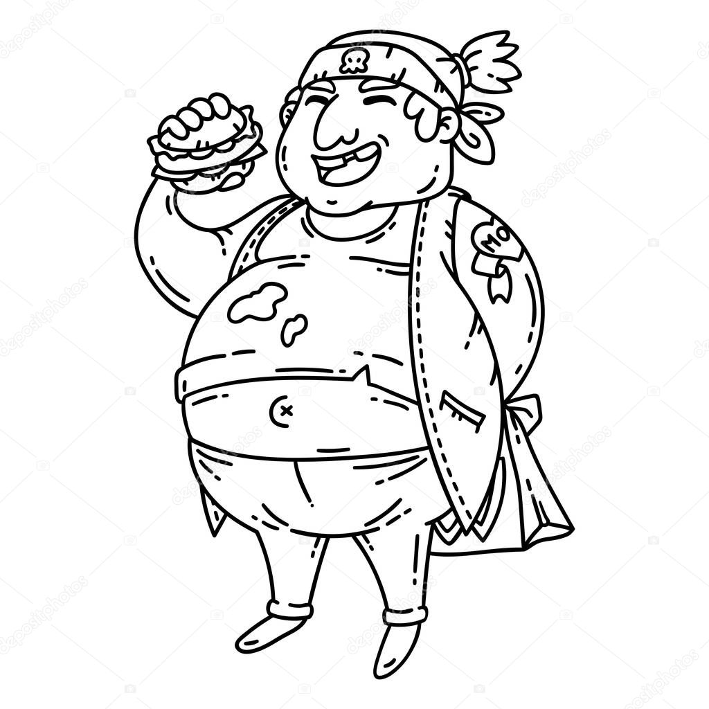 Fat man with burger. Obese character. Cartoon vector illustration. Isolated objects on white background. Coloring pages.