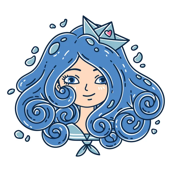 Κορίτσι Σγουρά Μαλλιά Θάλασσα Κορίτσι Κορίτσι Μπλε Μαλλιά Χάρτινο Καραβάκι — Διανυσματικό Αρχείο