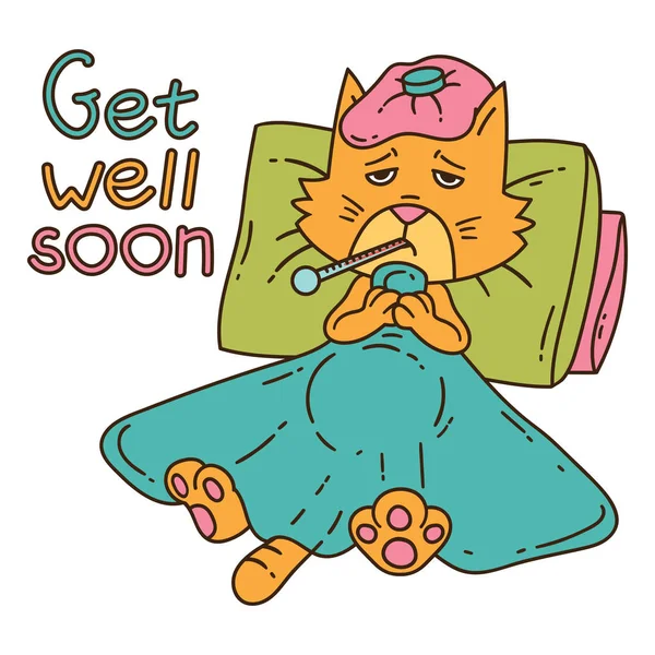 Gato doente com termômetro sob o cobertor . — Vetor de Stock