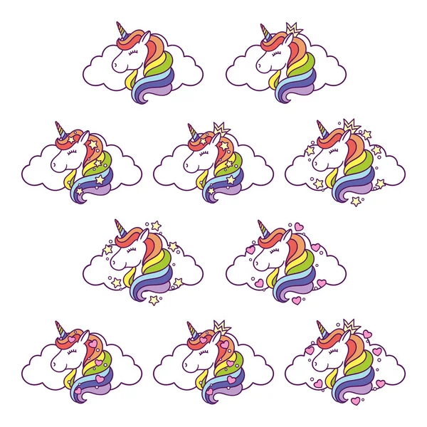 Cabeza unicornio con nube, estrellas y corazones . — Vector de stock