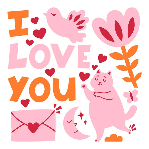 Dia dos Namorados romance cartão de saudação com gato . — Vetor de Stock
