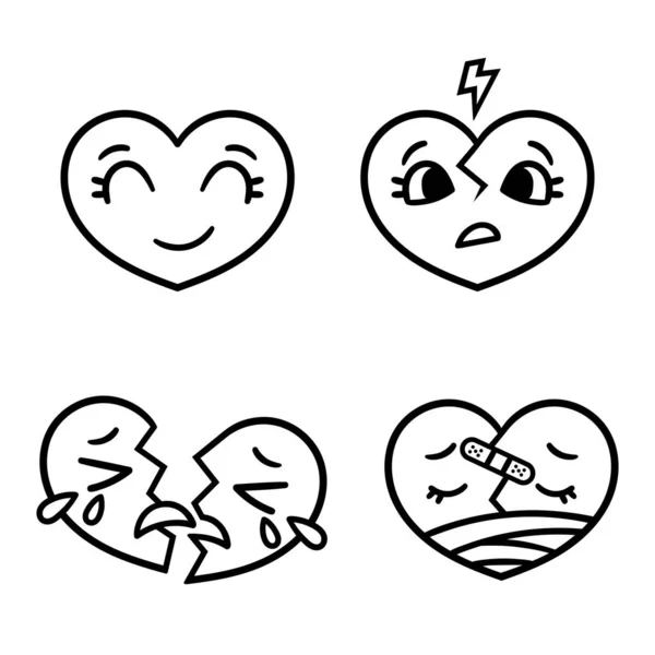 Cute emotikony kreskówki serca zestaw, szczęśliwy, smutny, złamany. — Wektor stockowy