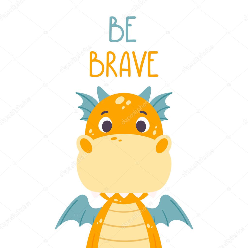 Poster with cute orange dragon and hand drawn lettering quote - 