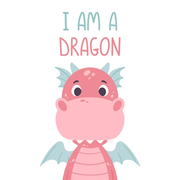 Cartel con lindo dragón rosa y letra dibujada a mano cita - i — Vector de stock