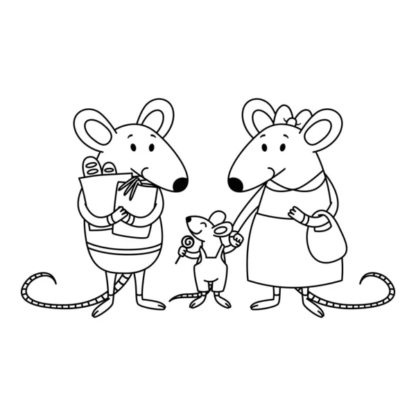 Rattenfamilie. Papa houdt pakketten met aankopen in de winkel, mo — Stockvector