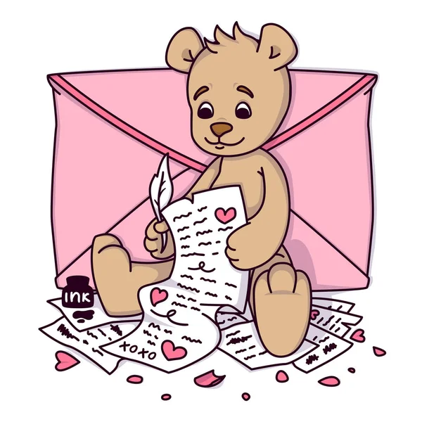 Medvídek píše milostný dopis. Valentýn blahopřání wi — Stockový vektor