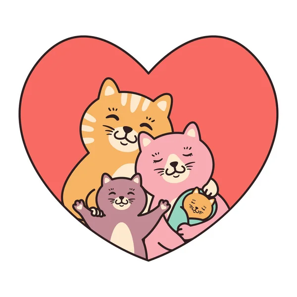 Кішки родина мати, батько, дитина і новонароджена дитина обіймаються серцем . — стоковий вектор