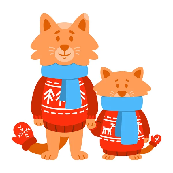 Macskák fia és apja piros kötött pulóvert, sálat, kesztyűt visel. — Stock Vector
