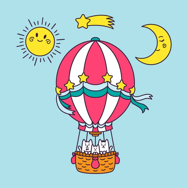 Uma família de gatos voa ao redor do mundo em um balão. Sol, lua , —  Vetores de Stock