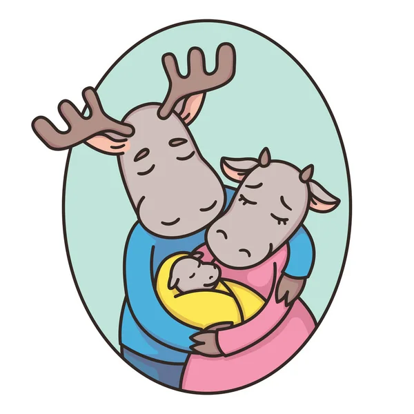 Family of deer or moose in an oval frame. Dad, mom, newborn. Fat — 스톡 벡터