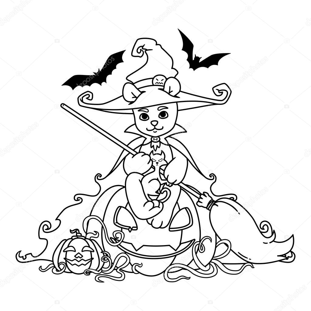 Teddy bear in a witch hat and mantle with a broom in his hands s