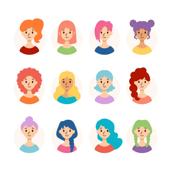 一组发型和头发颜色不同的漂亮女人. — 图库矢量图片