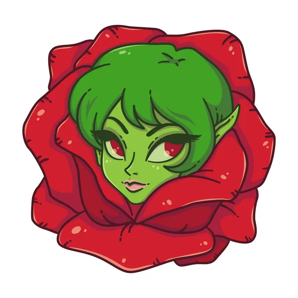 Портрет милої дівчини зеленого волосся з ельфами вухами і червоними очима в р — стокове фото