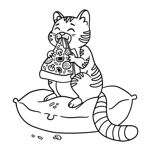 Macska pizza szelettel a szájában. Kitty leül a párnára, és — Stock Fotó