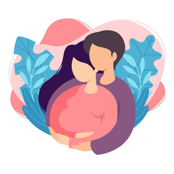 Future parents man and woman are expecting a baby. Couple of husband and wife prepare become parents. Man embracing pregnant woman with belly. Maternity, fatherhood. Flat vector illustration.