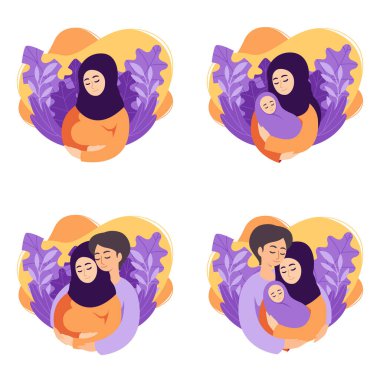 Hamilelik ve ebeveynlik konsepti vektör çizimleri. Bir dizi sahne Müslüman hamile kadın, kucağında yeni doğmuş bir bebek, müstakbel anne ve baba yeni doğmuş bebeklerini bekliyor..