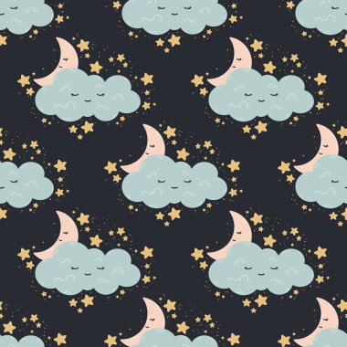 Aylı, yıldızlı, karanlık bir arka planda bulutlu kusursuz desen. Bebek odası için vektör baskısı, tebrik kartı, çocuklar ve bebek tişörtleri ve kıyafetler, kadınlar giyer. İyi geceler, tatlı rüyalar bebek odası çizimi..