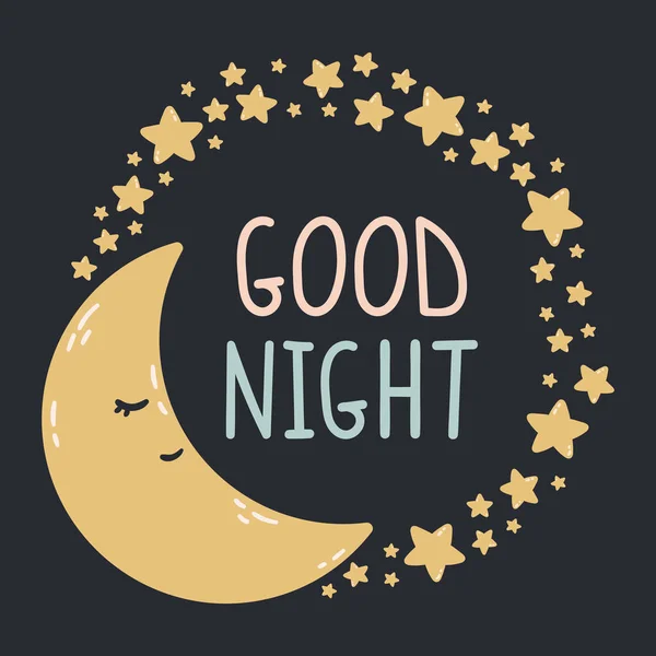 Lua Adormecida Com Estrelas Redor Fundo Escuro Boa Noite Ilustração —  Vetores de Stock