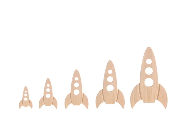 Dřevěné Rakety Jsou Pořadí Stoupajících Bílém Pozadí Koncept Prostoru Techniky — Stock fotografie