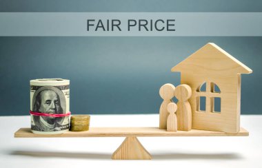Money and family with a house on the scales with the inscription Fair price. Property valuation. Home appraisal. Housing evaluator. Fair trade. Legal transparent deal. Apartment purchase / sale. clipart
