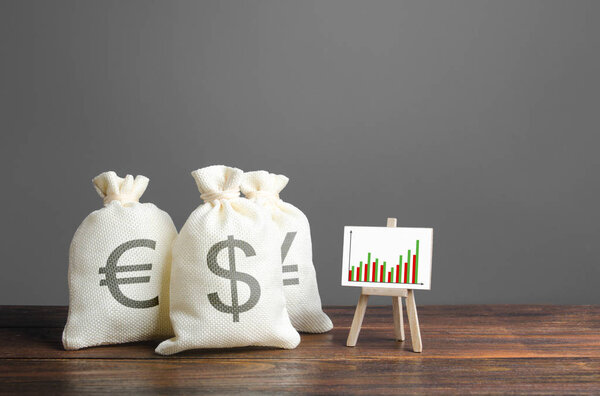 Money bags of world currencies and an easel with a positive growth chart. Attracting investment and increasing profits. Economic growth. Financial management, profitable business, favorable conditions