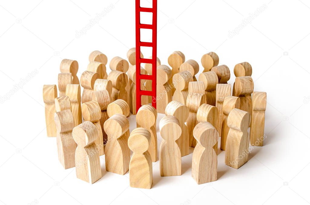 A crowd of people gathered at a red stairs. Raising and moving up the career ladder. difficult way to success. Support and help. Tools to achieve the goal. Cooperation and Collaboration