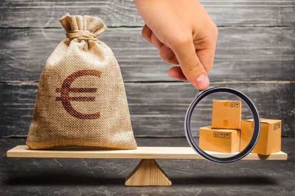 La lupa está mirando una bolsa de dinero en euros y un montón de cajas en la balanza. Relaciones económicas entre sujetos, el modelo económico global. balanza comercial entre países, intercambio —  Fotos de Stock