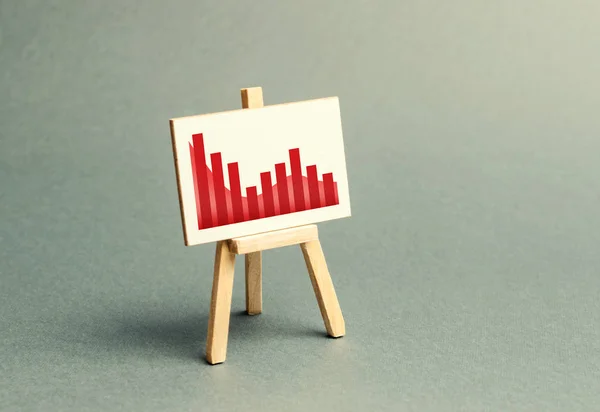 Een stand met een doek en een rode neerwaartse trend. Het concept van dalende percentages en indicatoren van de economie of de productie. De slechte situatie op de markten, lage prijzen en dalende vraag, recessie — Stockfoto