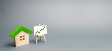 Tahta ev ve kırmızı okla ayakta dur. Konut ve emlak talebi artıyor. Şehrin ve nüfusunun artması. Yatırımlar. Artan fiyatlar Pankart, mesaj için yer. Seçici odak