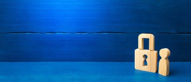 Güvenlik ve alarm sistemi. Gizli servis. Asma kilitleri olan tahta bir insan figürü. Kilitli üç kişi. Güvenlik ve güvenlik, teminat, borç. Mülkiyete el koyma. Pankart, metin için yer