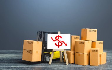 Forklift, kutuların yanında ve sehpanın altında kırmızı bir ok var. Ticaret ve üretim oranlarında düşüş, satışlarda düşüş. Kötü pazarlama, fiyat indirimi. Düşük ithalat. Ekonomik azalma, endüstri bozulması