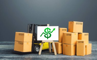 Forklift, kutular ve sehpanın yanında yeşil dolar okuyla birlikte. Büyüyen ticaret ve üretim oranları, artan satışlar. Ekonomik büyüme, endüstri gelişimi. Pazarlama, fiyat artışı. Yüksek ithalat.