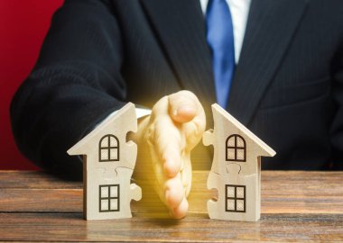 Lawyer divides the house into two equal parts in a divorce process. Protection of rights. Conflict resolution. Court, justice. Disputes over fair division of marital property real estate. clipart