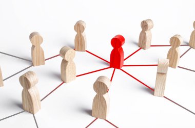 Bir kişinin kırmızı figürü, bir iletişim ağı aracılığıyla insanlara nüfuzunu yayar. Yeni bir fikri takip ediyorum. Lider ve liderlik. İşbirliği ve işbirliği, toplumla iletişim. Meme
