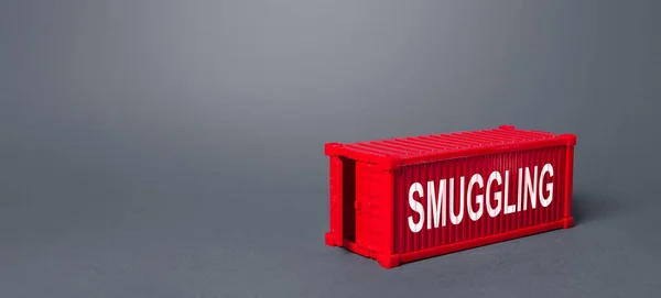 Red cargo shipping container with the word Smuggling. Traffic of prohibited goods and substances, bypassing customs control. Corruption, violation of the embargo, circumvention of sanctions. Import