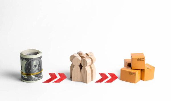 Куча денег, фигурки людей и коробки с товарами, связанные последовательными красными стрелами. Привлечение инвестиций и вклад в человеческий капитал. Спонсорство стартапов, кредитование предпринимателей
