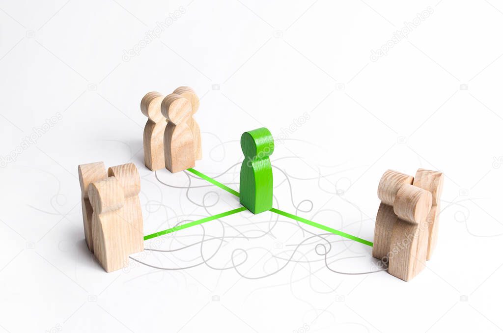 The green figure of a mediator connects three groups of people. Mediation Service. Establishing contact and dialogue, increasing mutual understanding and the effectiveness of the negotiation process.