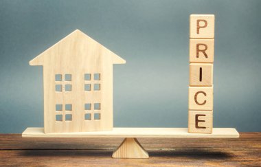 Tahta ev ve terazide Price yazıyor. Değerlendirme mülkiyet kavramı. Ev değerlendirmesi. Adil ticaret ve maliyet. Yasal şeffaf anlaşma. İş ve emlak
