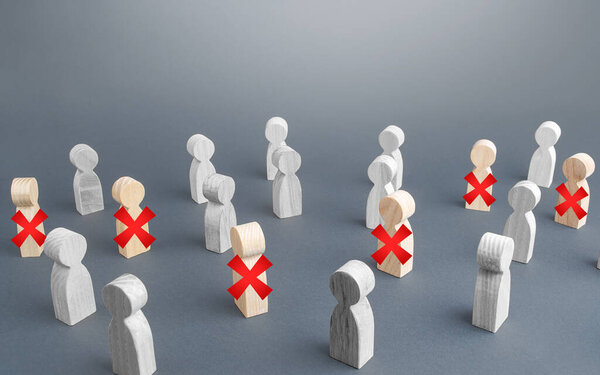 A group of people some of are crossed out with a red cross. Massive staff unemployment, job cuts. Reductions and work layoffs due to restrictive quarantine and pandemic. Lay off employees